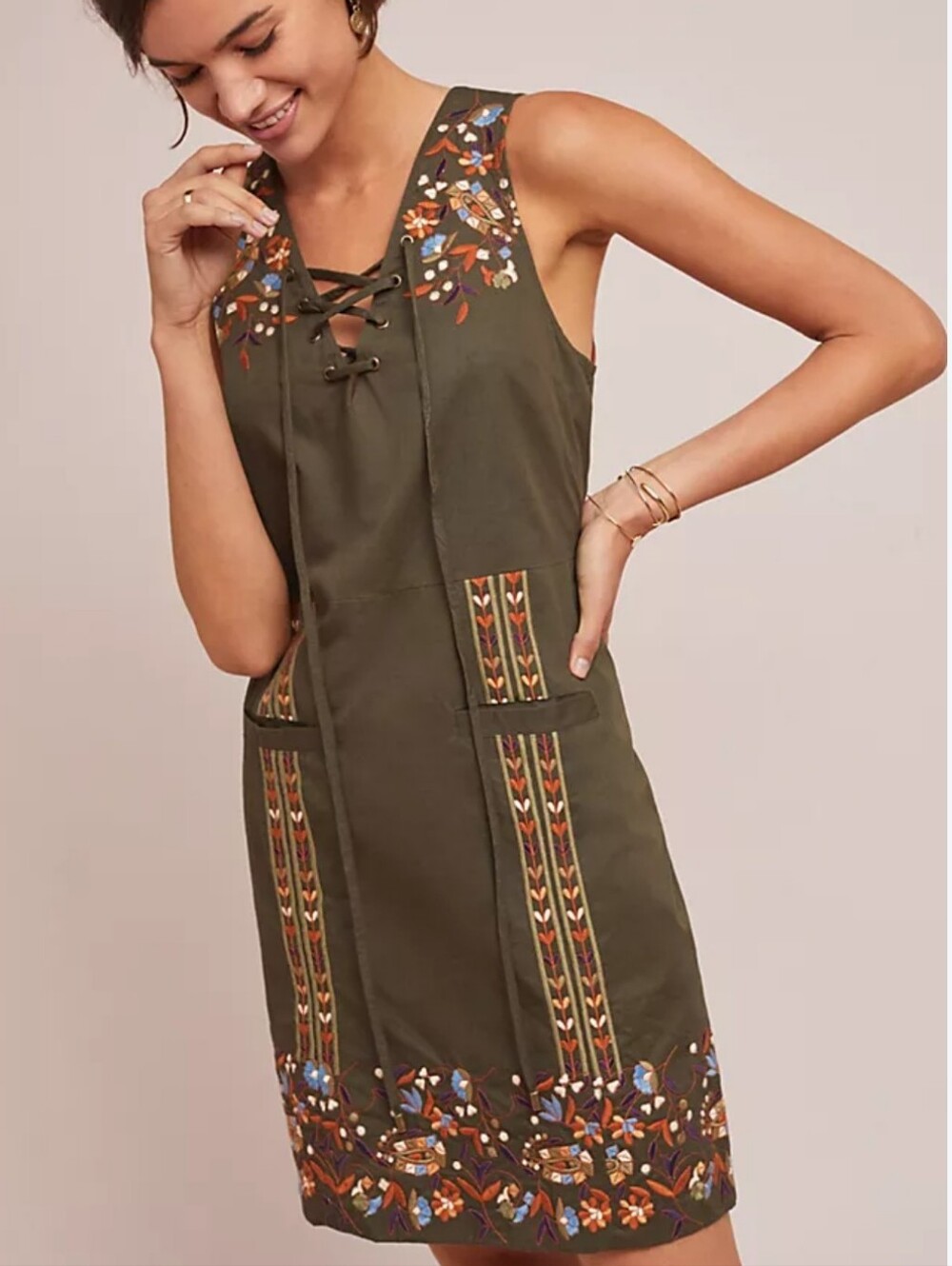 Anthropologie Seen Worn Kept Avis Embroidered Shift Dress Size XXS Olive Green